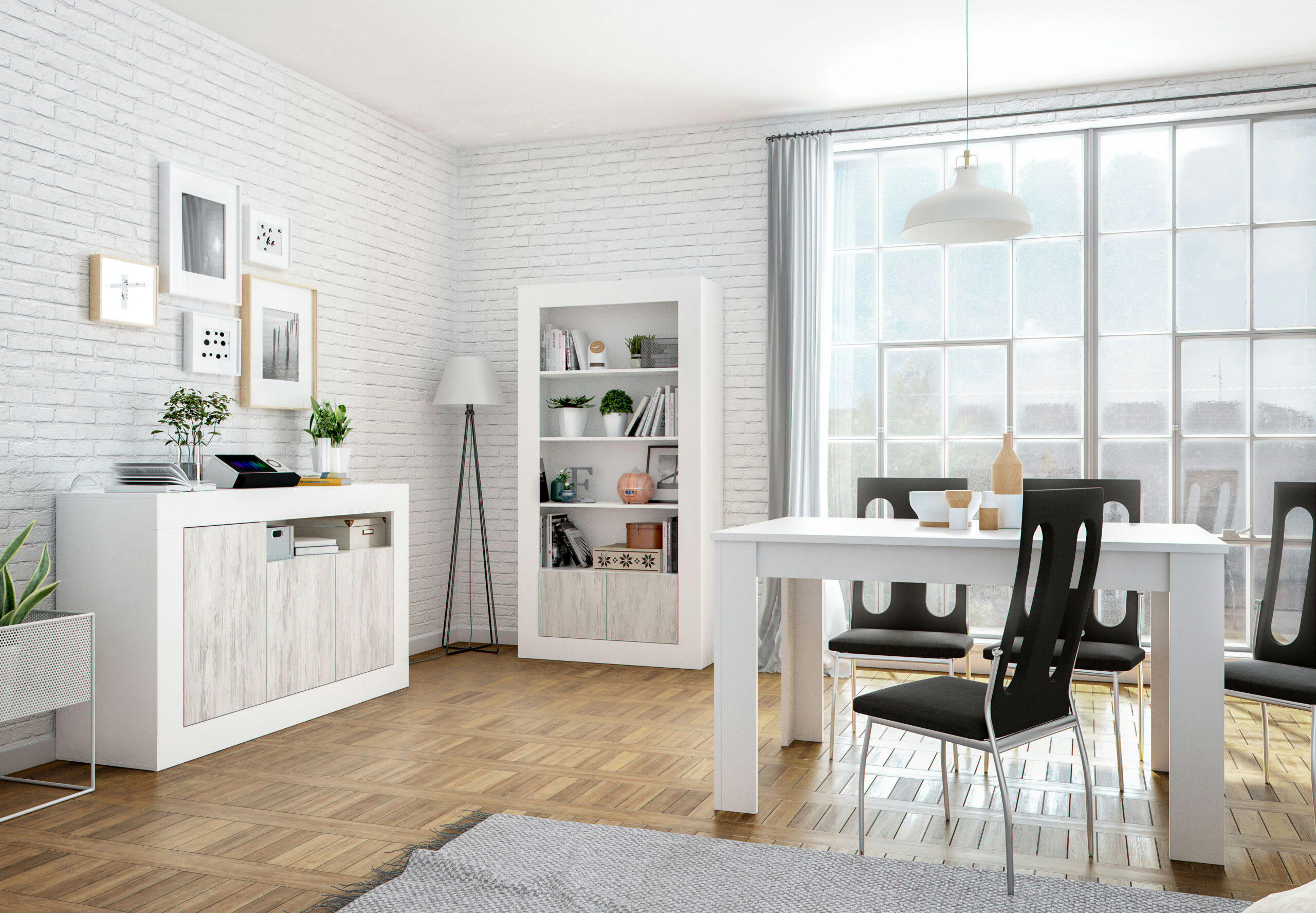 GWEN - Buffet moderne blanc/bois 3 portes et 1 étagère L144cm