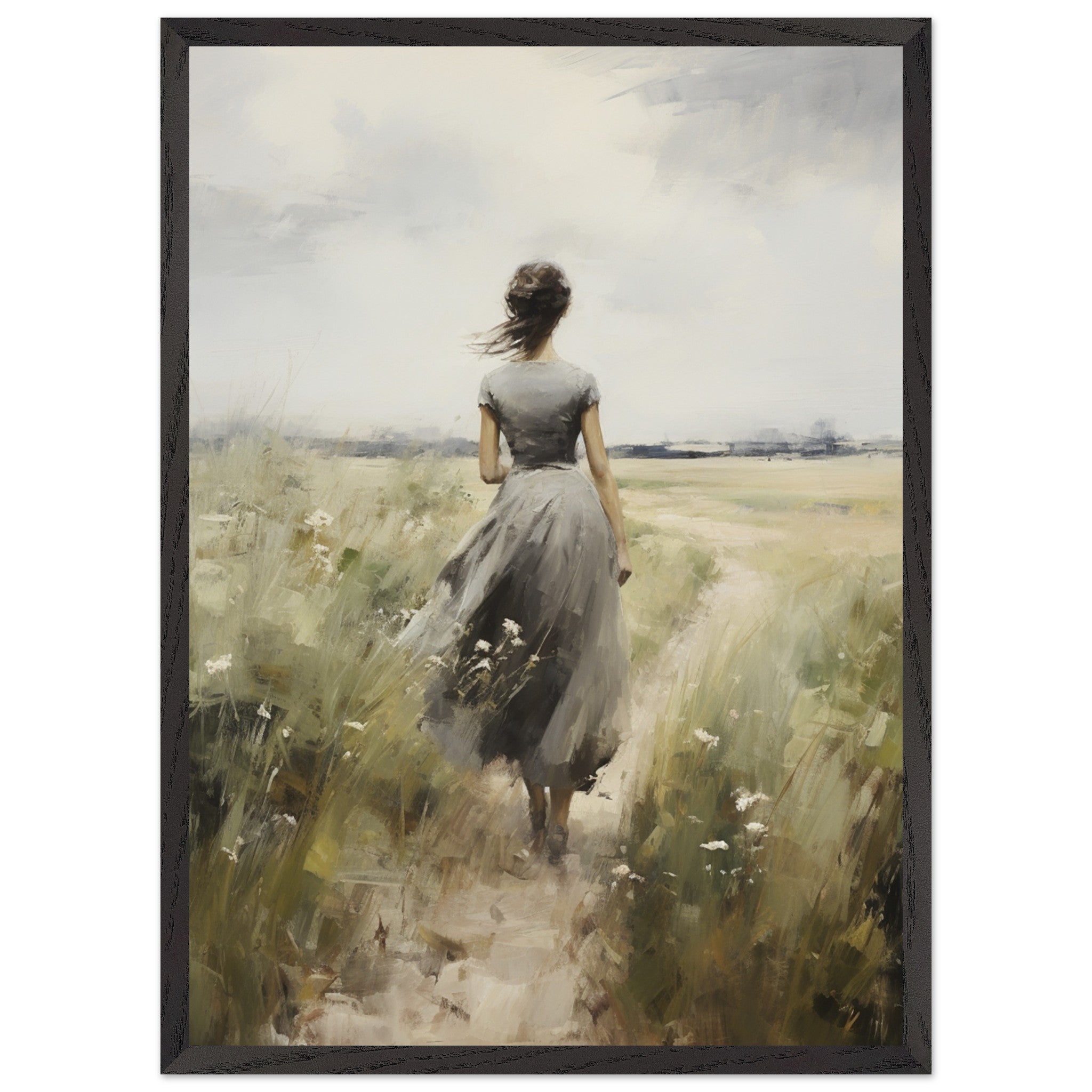 Artfulprints Poster met Lijst Woman in flowerfield  - 50x70 cm - Groen