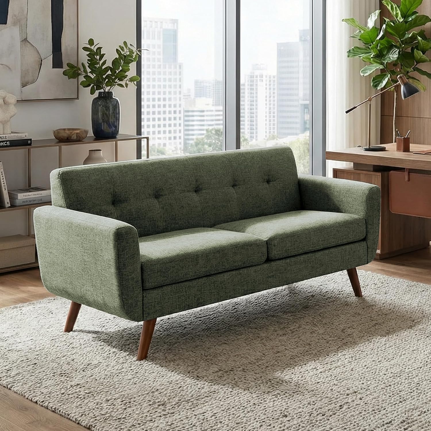 Tbfit 65 W Loveseat Sofa, Mid Century Modern Couches Love Seats for Living Room, Button Tufted Upholstered Small Couch for Bedroom, Solid and Easy to Install Love Seats Furniture, Green | linen fabric, button tufted, solid wood foot, pocket spring,