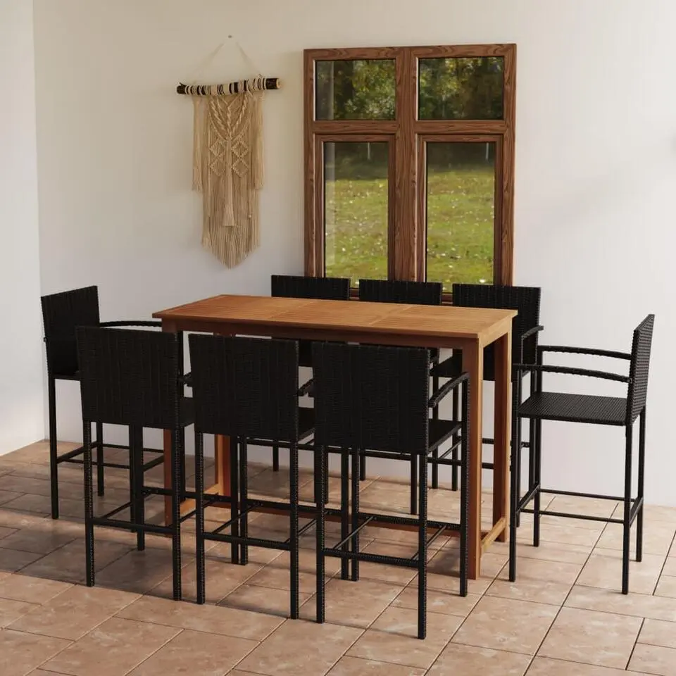 vidaXL - Tuinbarset met Armleuningen - Zwart Poly Rattan - 150x70 cm - 9 St.
