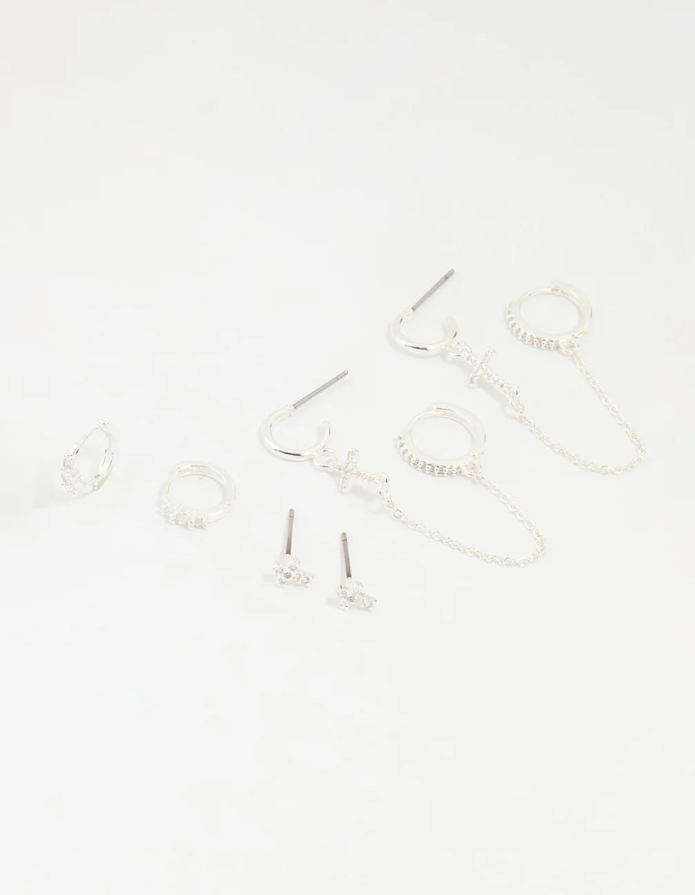 Silver Plated Brass Cubic Zirconia Cross Stud & Chain Earrings 4-Pack