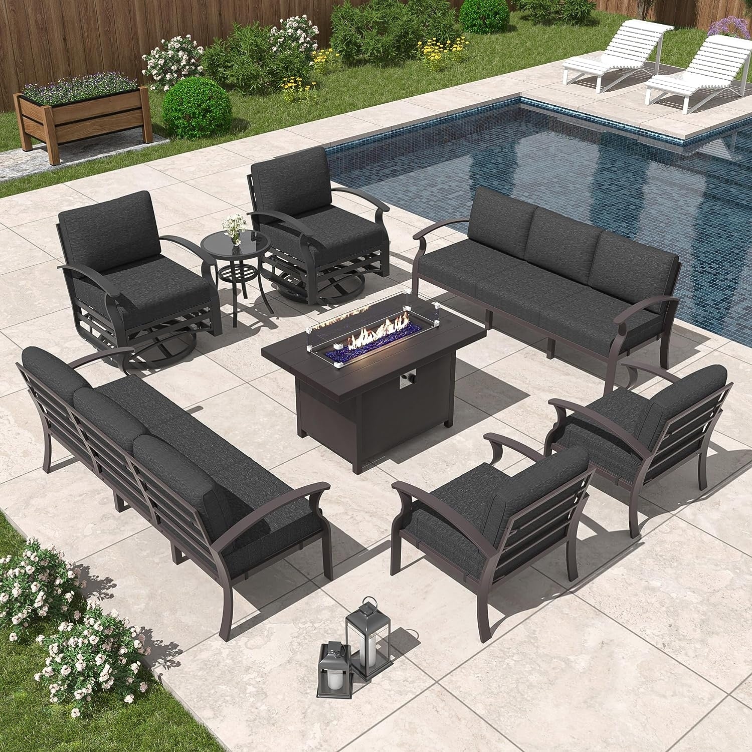 Kullavik Aluminum Outdoor Patio Furniture with Curved Armrests & Firepit Table