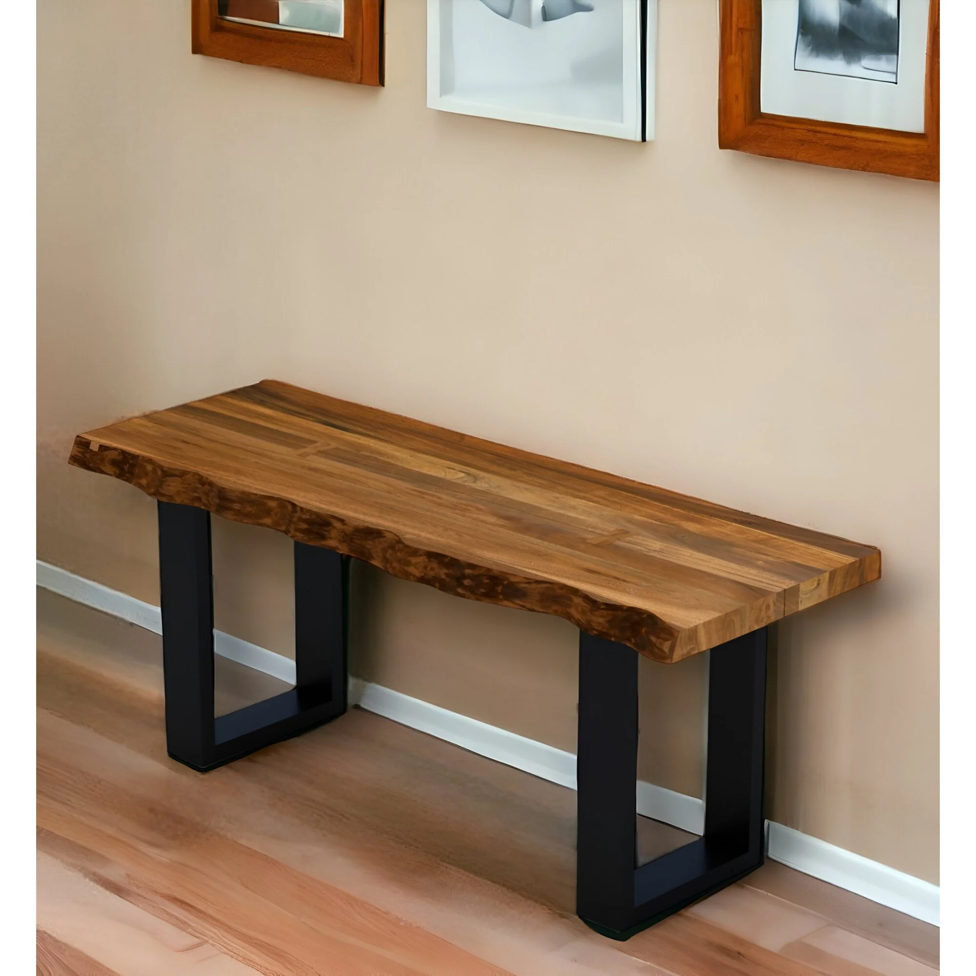 Brown Solid Wood Dining Bench Black Metal Legs 2-Seater Sturdy Seating - 16” D x 43” W x 18” H