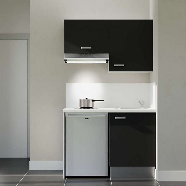 Kitchenette K01 façades Noir - Plan de travail Blanc - Crédences : Oui - Evier inox - Electroménager Inox inclus