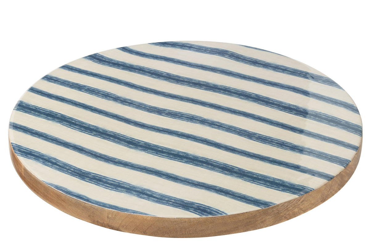 J-Line plateau Draaiend Rond Strepen - hout - blauw/wit