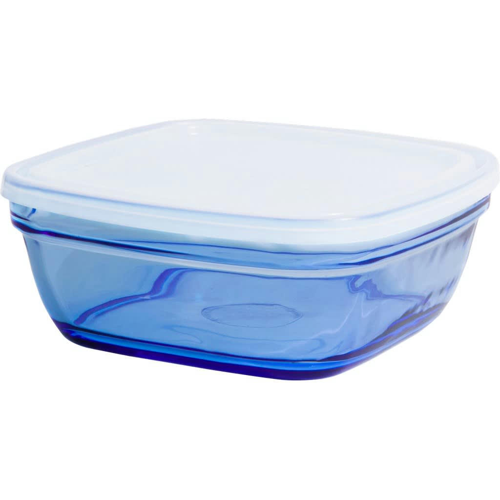 LYS - Saladier carré empilable 1,15L en verre résistant bleu et couvercle