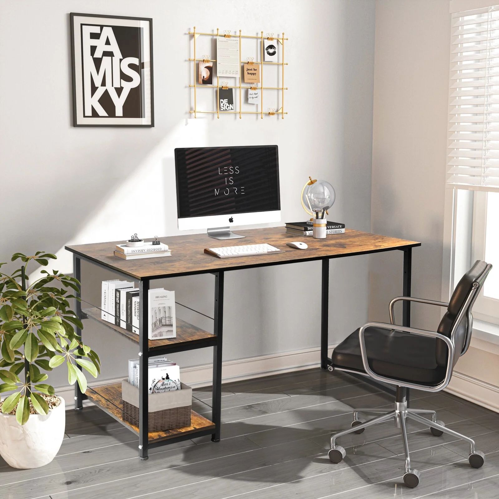 Modern 55 Computer Gaming Desk with 2-Tier Shelves for Home Office, MDF - Brown