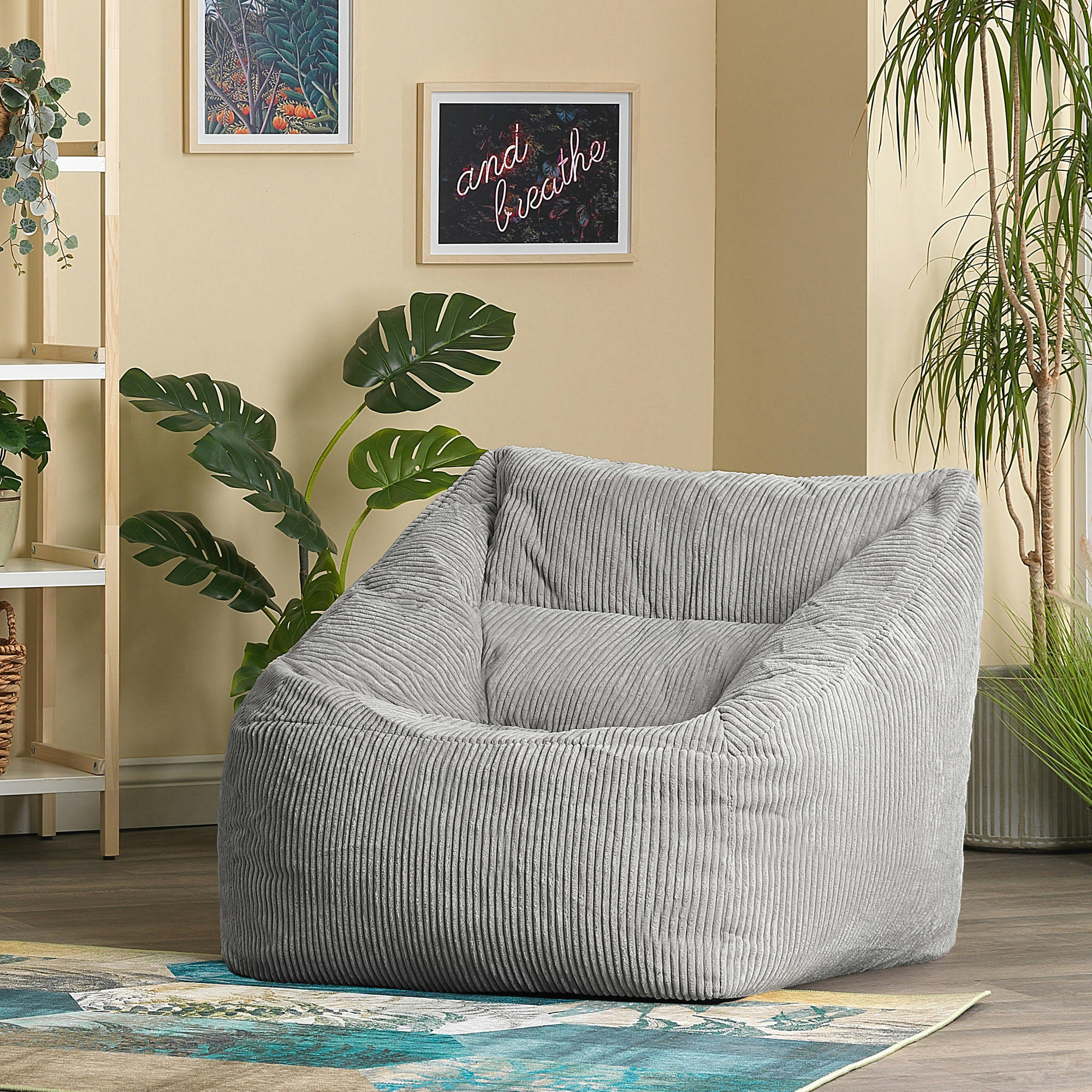 MORGAN - Pouf fauteuil velours côtelé gris clair