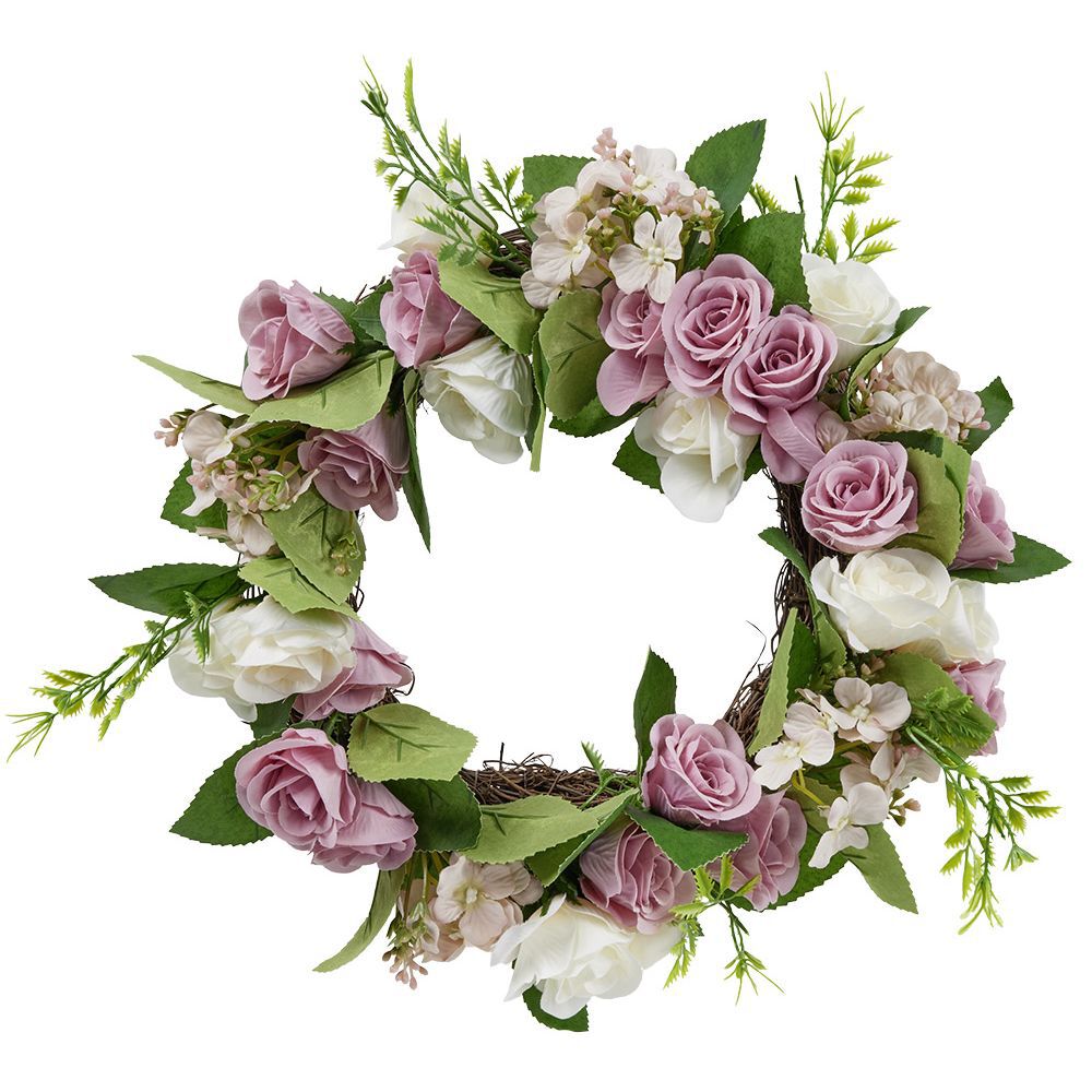 Couronne fleur artificielle mini rose blanche et rose Ø35cm