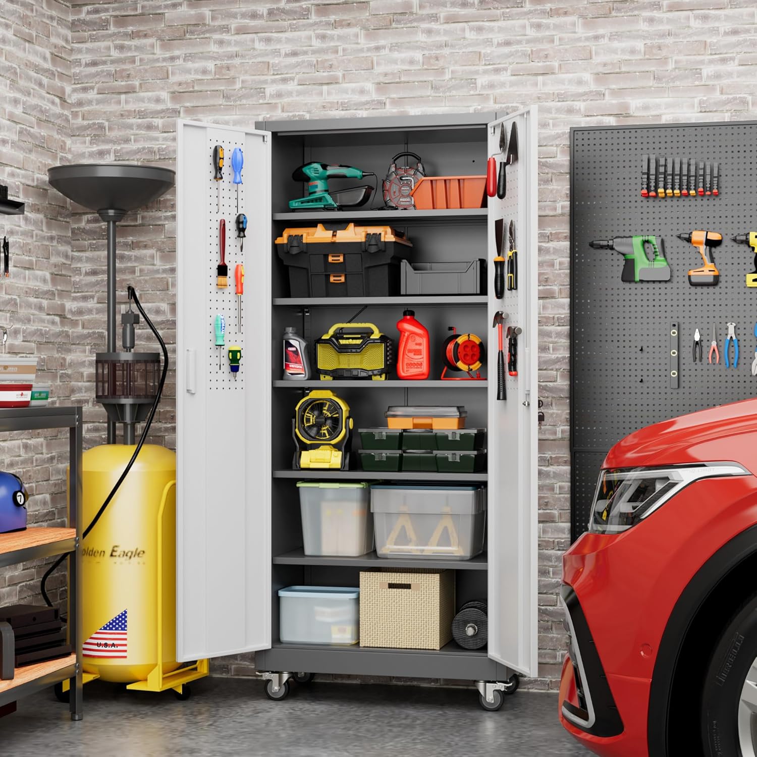 71 H Metal Storage Cabinet with Wheels and Pegboard, Lockable Steel Garage Storage Cabinet with 5 Adjustable Shelves and Door for Garage, Office, Kitchen, Assembly Required（Grey and White）