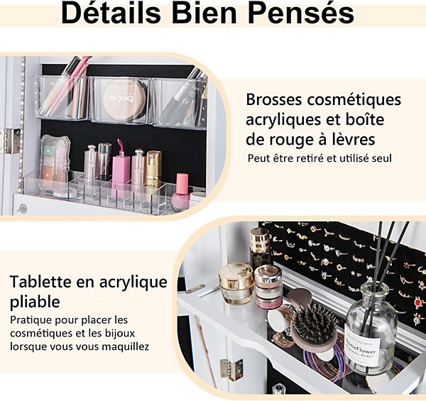 Armoire à Bijoux sur Pied avec Miroir sans Cadre avec Serrure Lumières LED 3 Couleurs Blanc