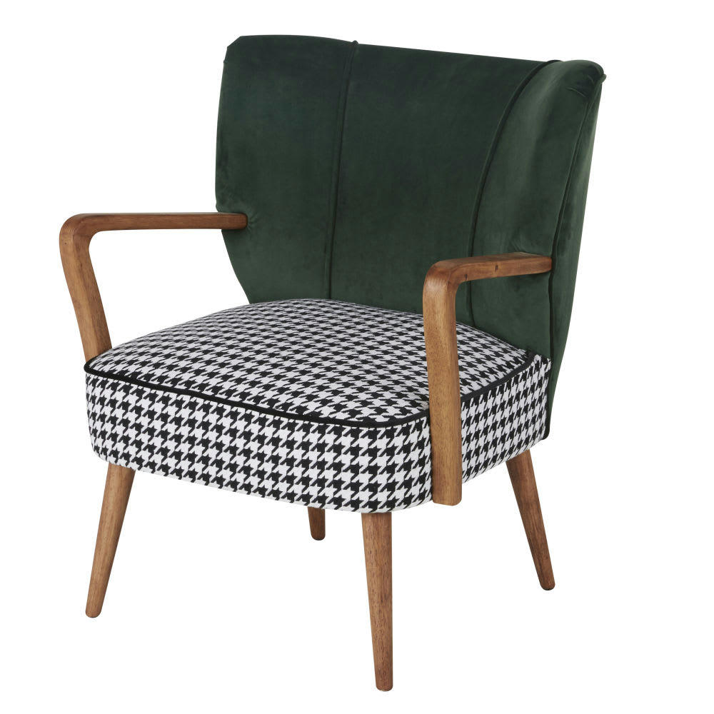 Meyer - Fauteuil vintage en velours vert motifs pied de poule