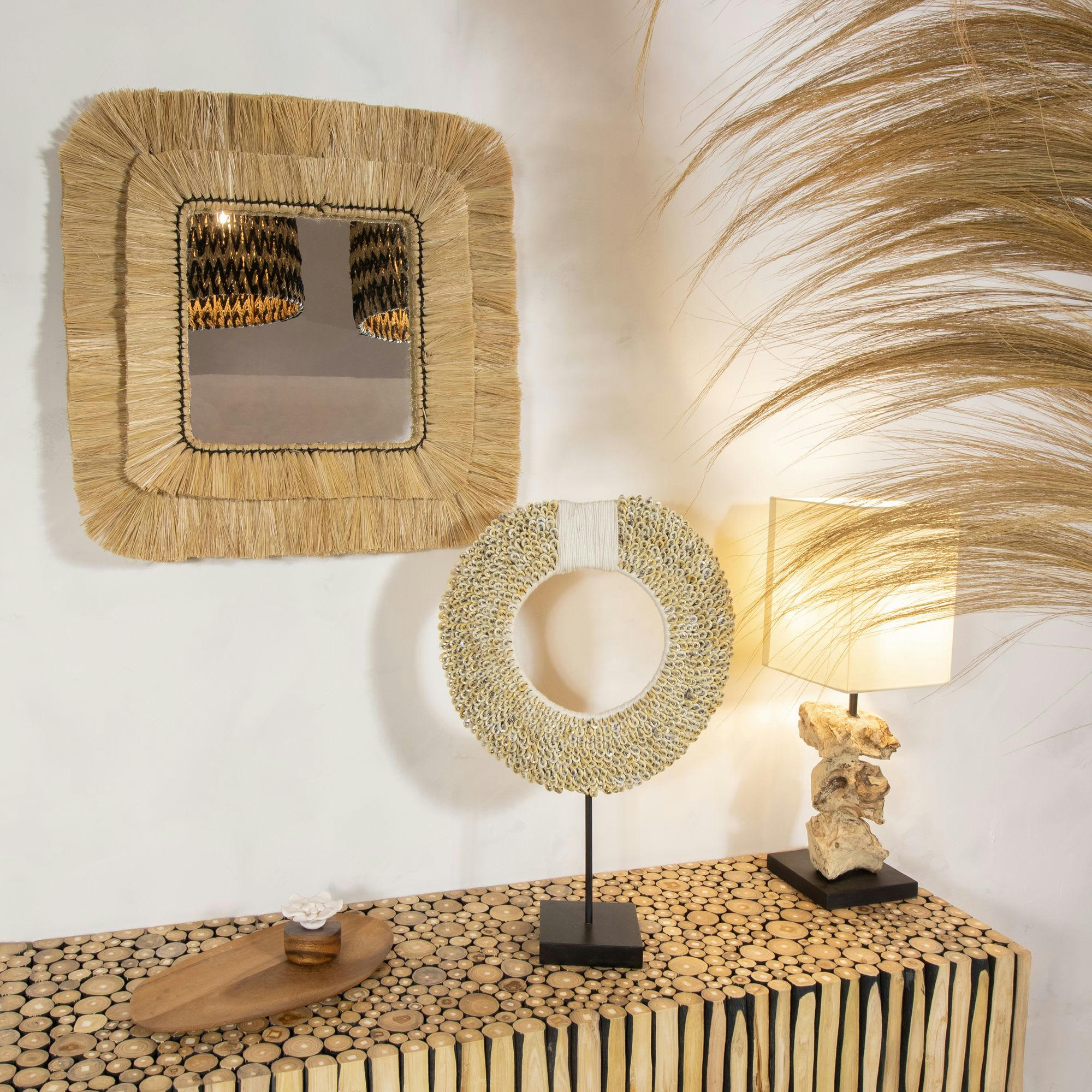 KAMPALA - Miroir carré en raphia avec cadre en fer noir 46cm