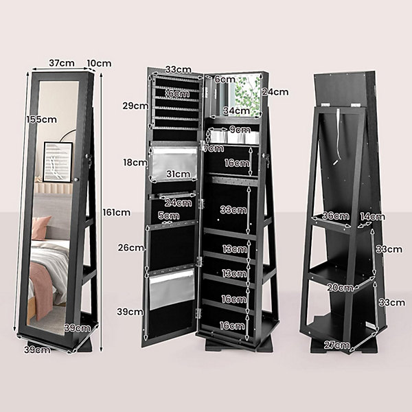 Armoire à Bijoux avec Miroir Plein Longueur avec étagère de Rangement&Serrure Organisateur Chambre Noir