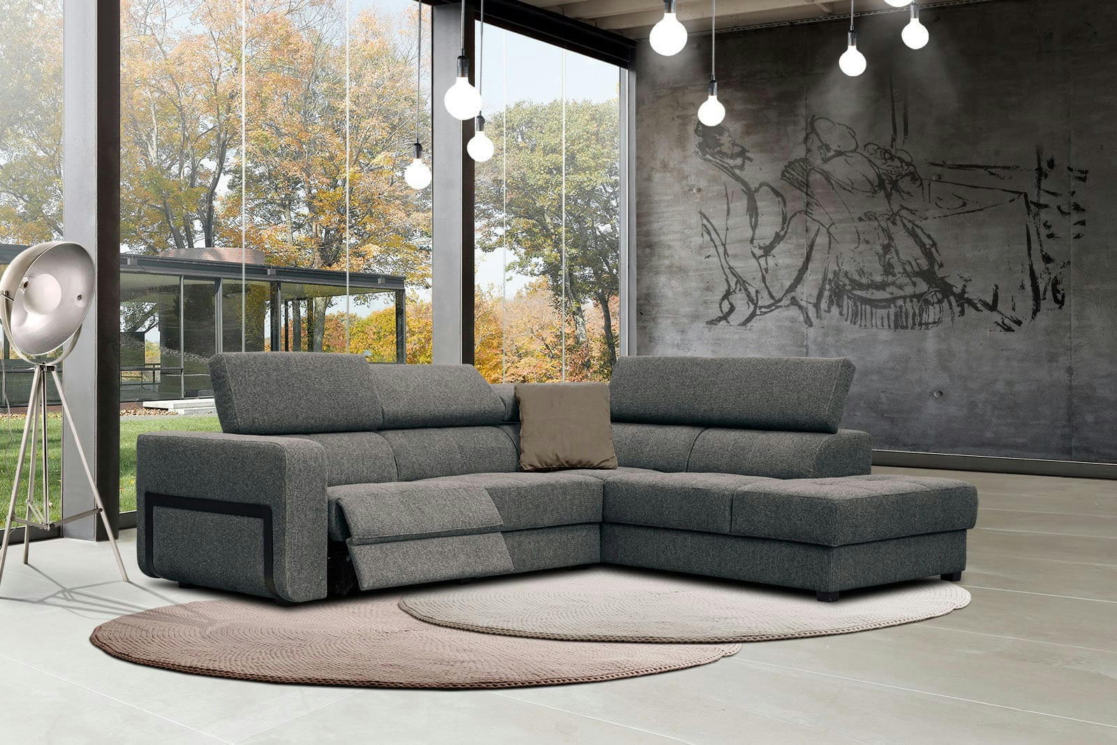 BERGO - Canapé d'angle droit 5 places avec relax électrique tissu gris foncé