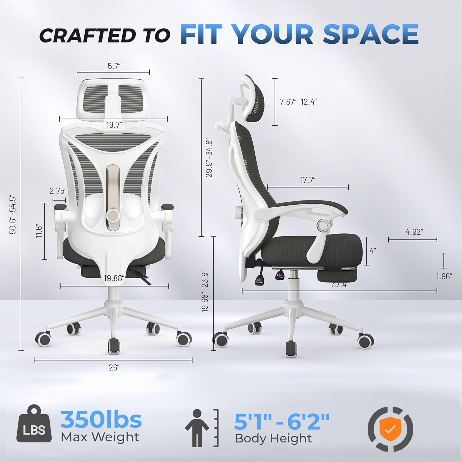Ergonomic Office Chair with Footrest - Adjustable Lumbar Support & Headrest, 90-160° Reclining Mesh Back Computer Chair - Home Office/Gaming, 350lbs Capacity