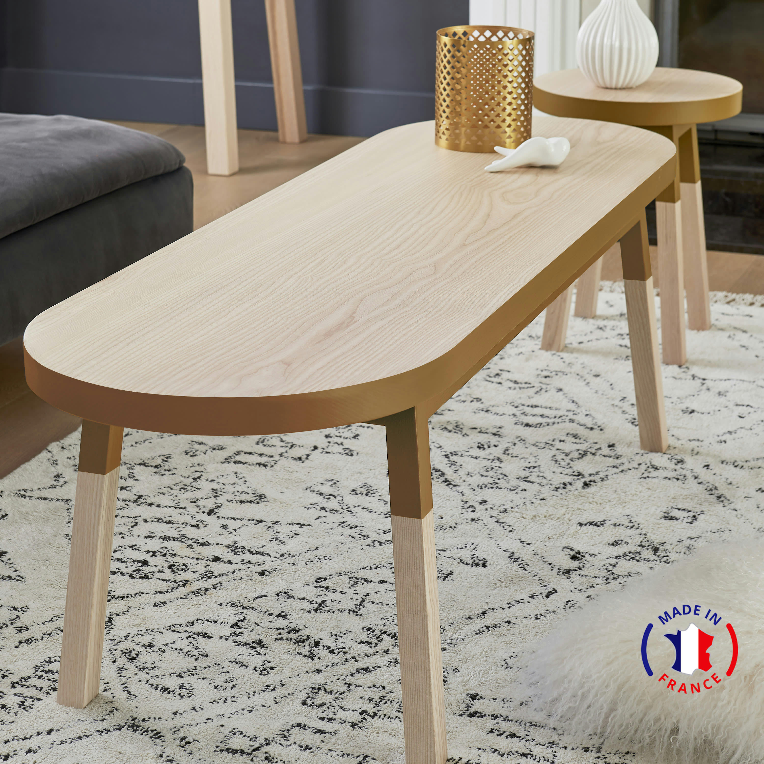 EGEE - Table basse banc 140 cm, 100% frêne massif tabac de ruca