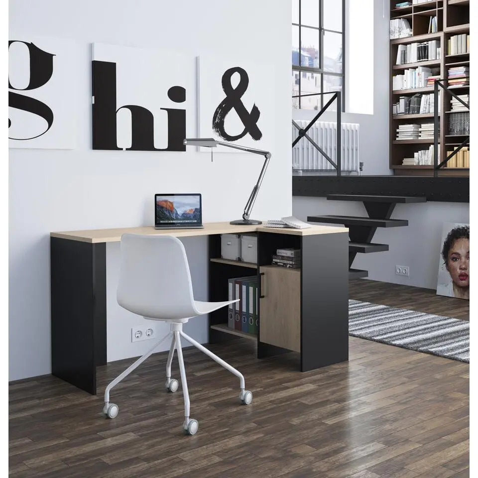 Diagone Hoekbureau Liverpool - 1 deur 3 vakken - Zwart/Eikenkleur