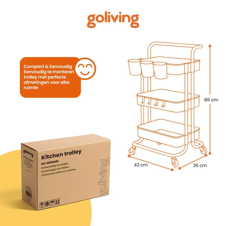 Goliving Keukentrolley op wieltjes - Serveerwagen - Keuken Trolley - Met Bakjes