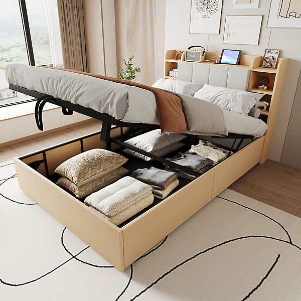 Lit double bois 140 par 200 cm avec tete de lit rangement prise USB et Type C systeme hydraulique sans matelas