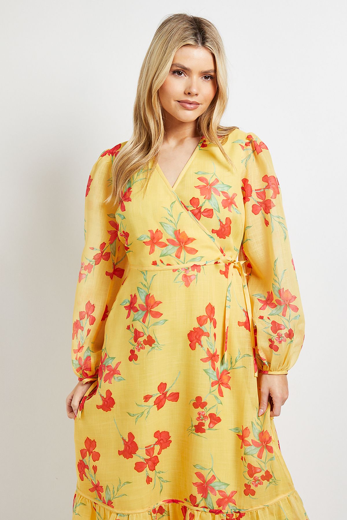 Dorothy Perkins Yellow Floral Printed Wrap Detail Blouson Sleeve Maxi Dress