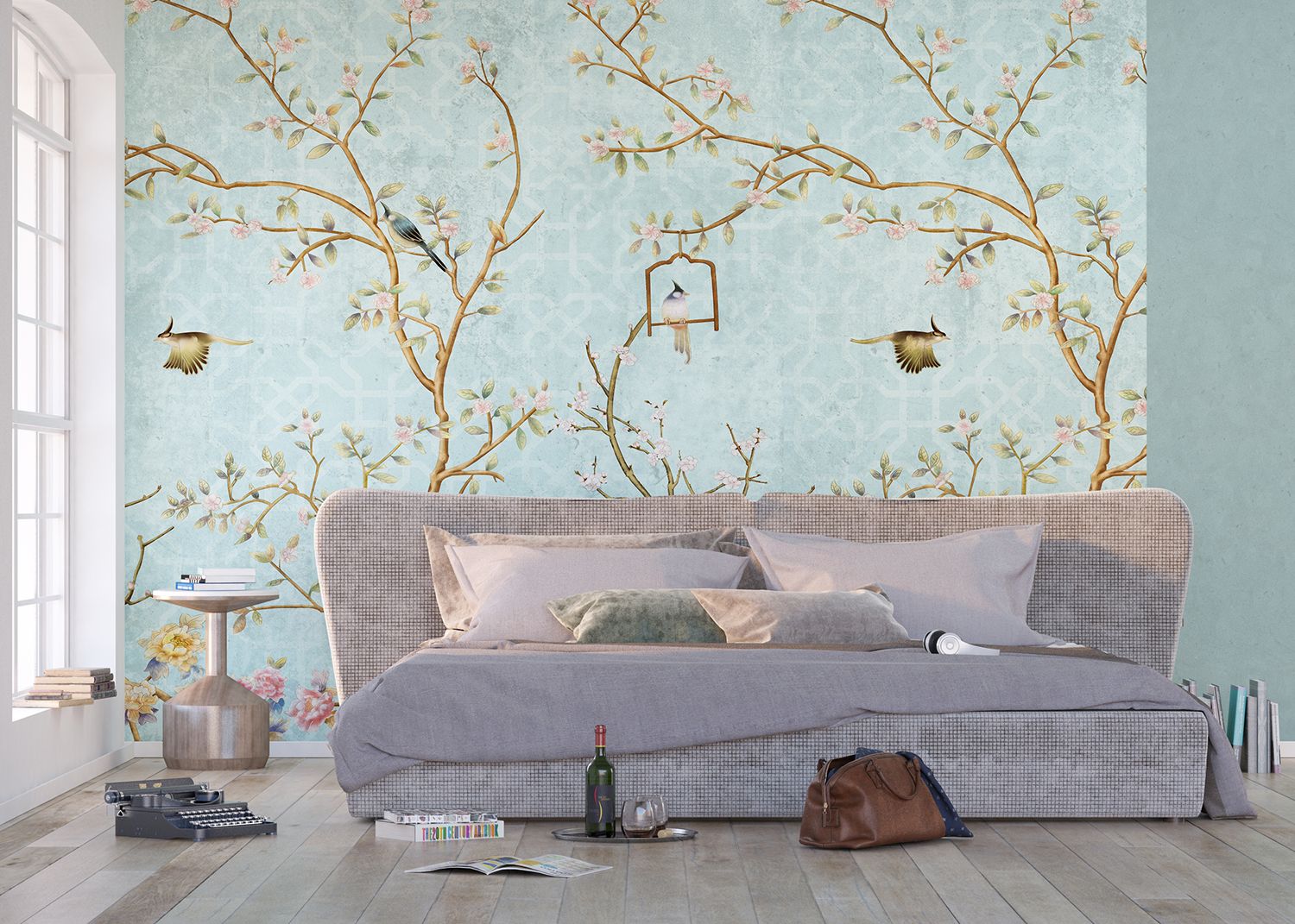 Sanders & Sanders fotobehang bloemen en vogels blauw, roze en geel - 375 x 270 cm - 601000