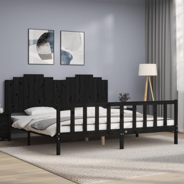 Rama łóżka z wezgłowiem czarna 200x200 cm lite drewno