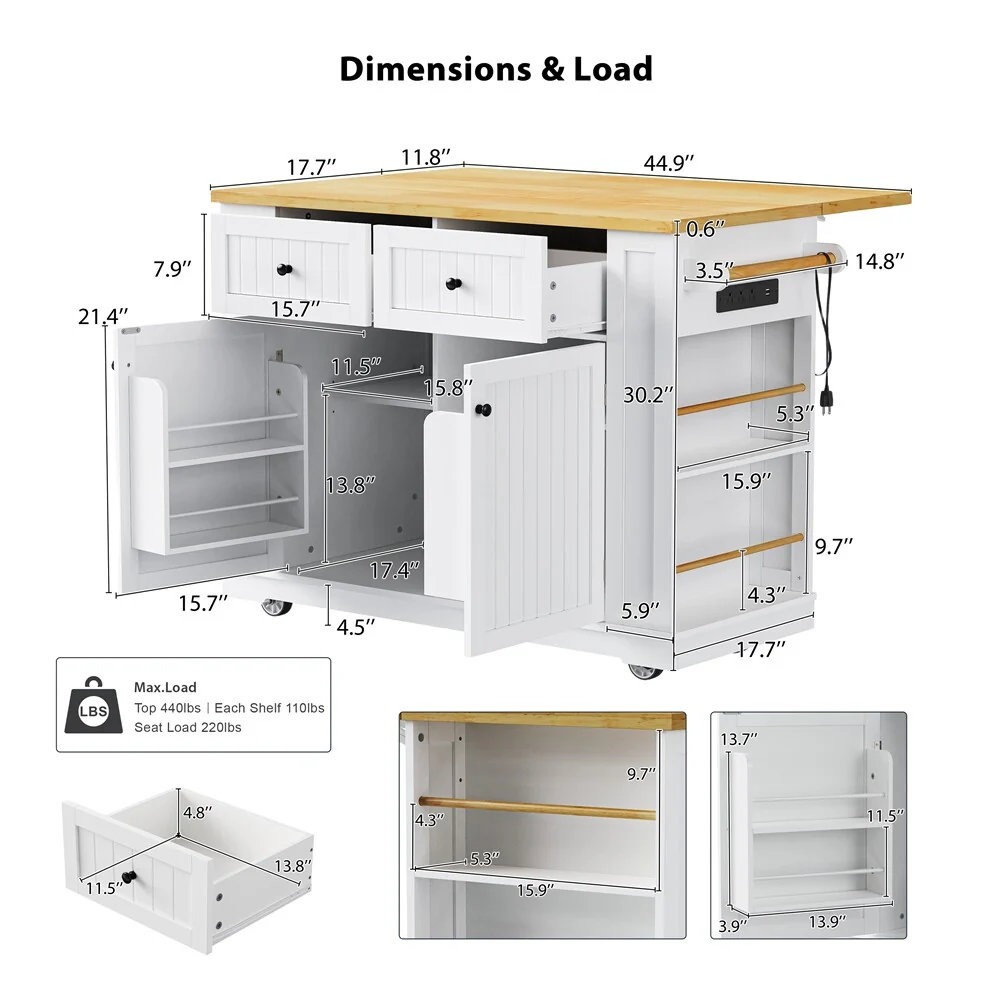 48 Large Kitchen Island,Rolling Kitchen Storage Cart on 5 Wheels