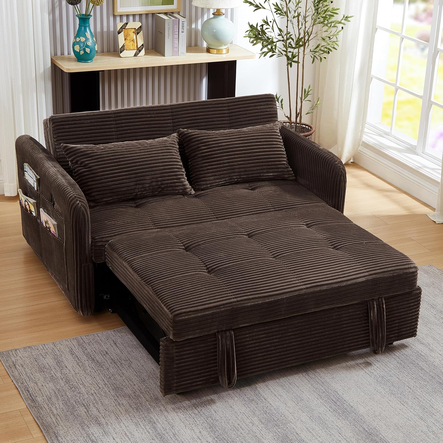 55.5 Corduroy Convertible Sofa Bed, Pull Out Sleeper Sofa Bed, Loveseat Couch with USB Charging Ports, 3 in 1 Convertible Sleeper Sofa Bed for Living Room, Apartment, Bedroom, RV, Beige