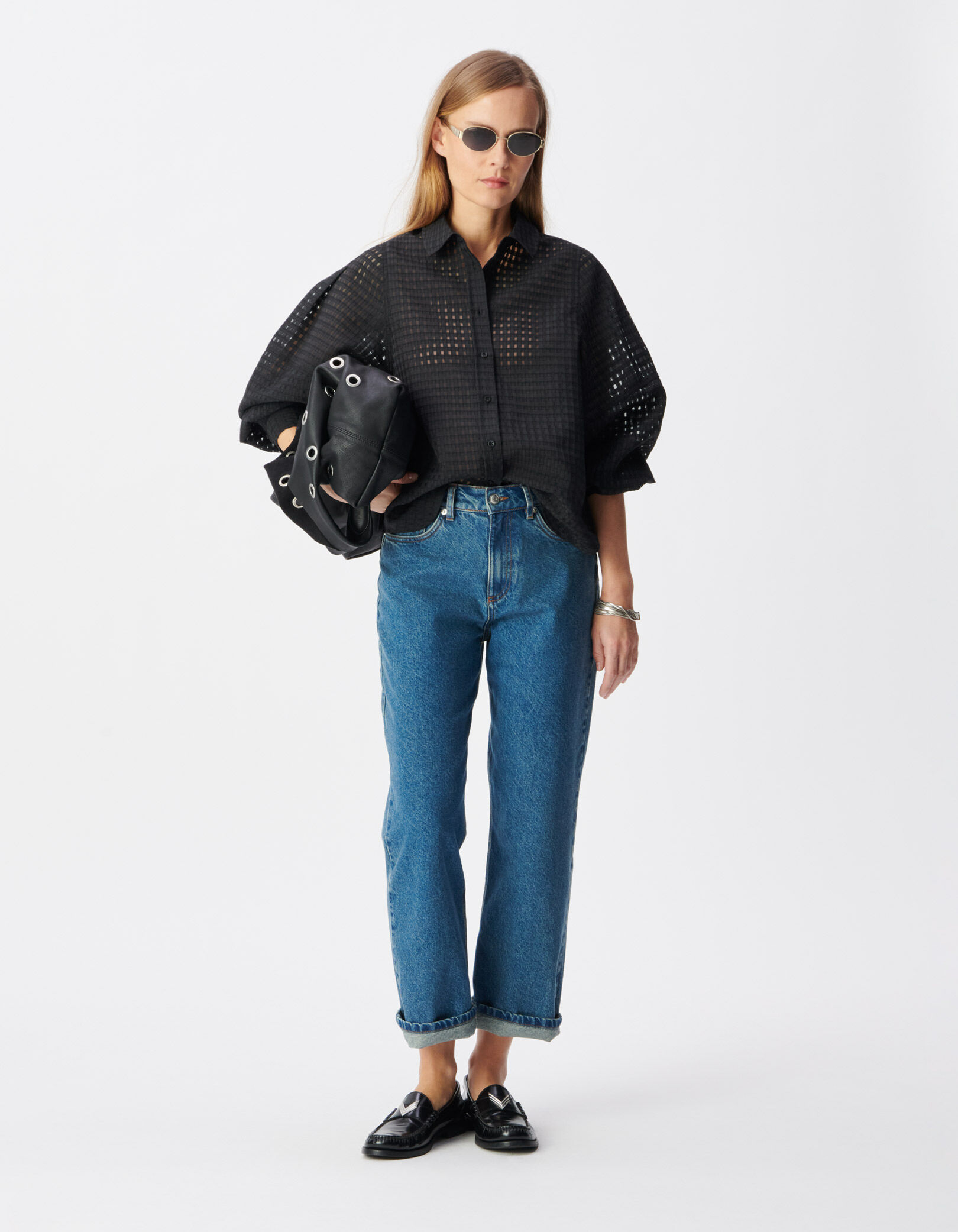 Chemise noire motif carreaux ajourés Femme