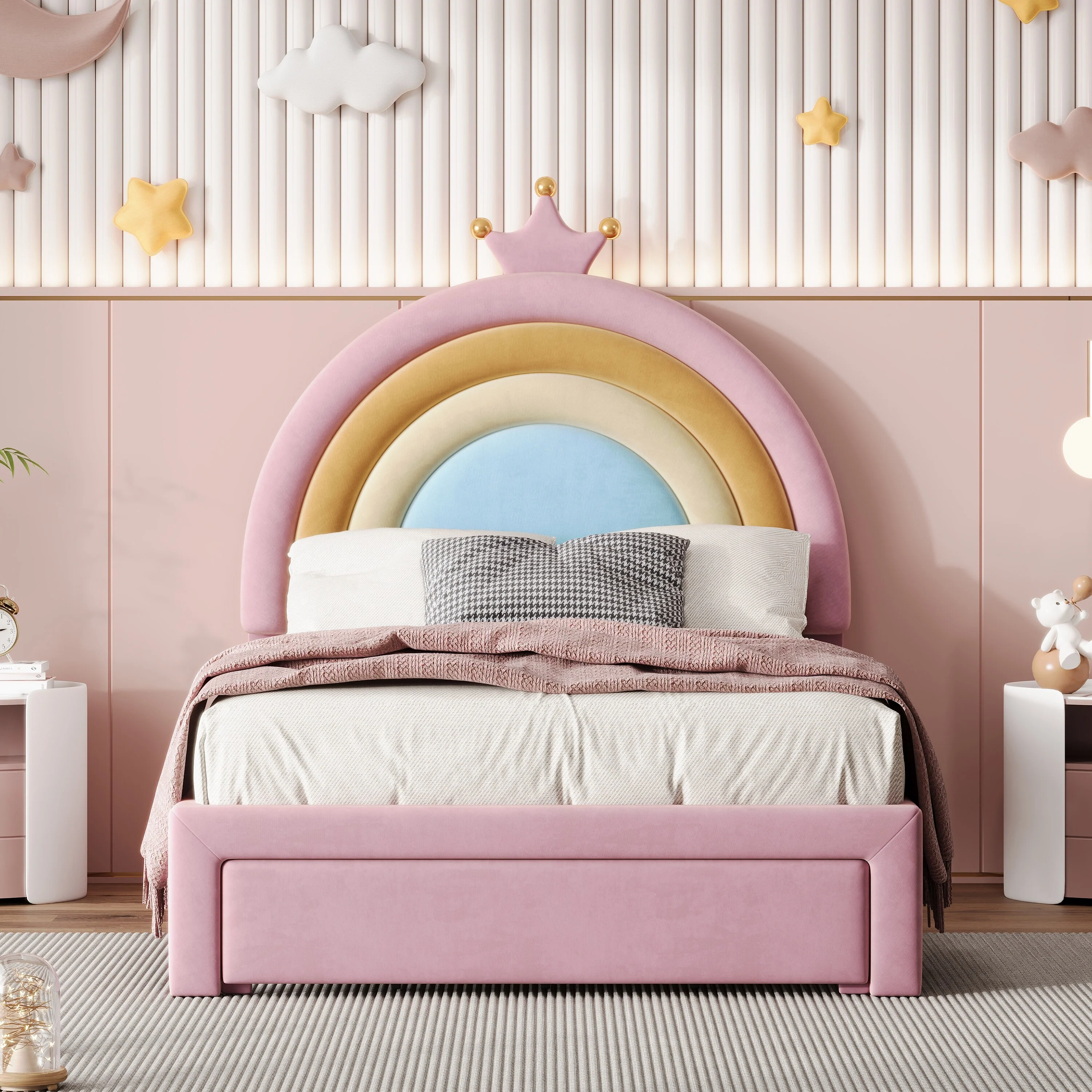 Twin Upholstered Bed with Rainbow Headboard and Storage Drawer, Velvet Platform Frame