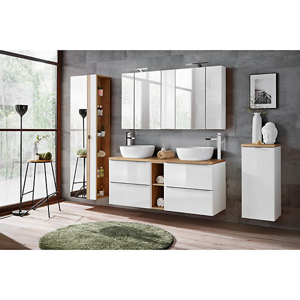 Accessoire mural NALYA 57 cmBlanc brillant et chene clairElément suspendu compact