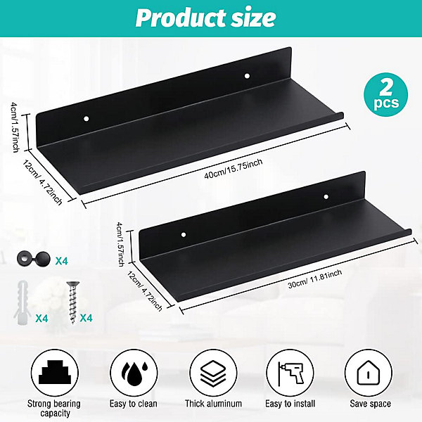 Lot de 2 étagères flottantes Space en aluminium, étagères murales noires de 30 cm et 40 cm, étagères flottantes avec vis