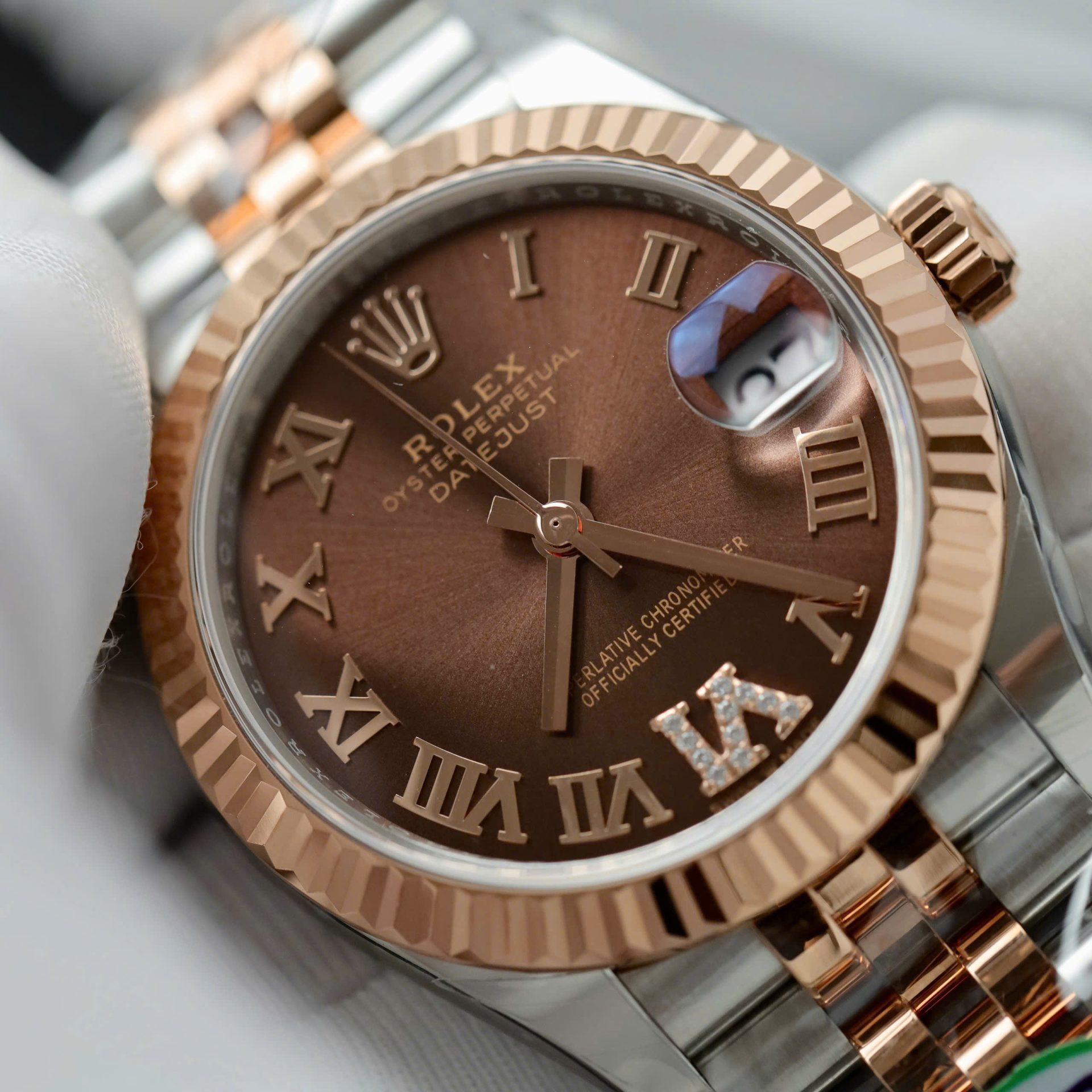 Rolex Datejust SS/RG Plated Chocolate Roman Dial CZ Diamonds 31mm Jub Replica