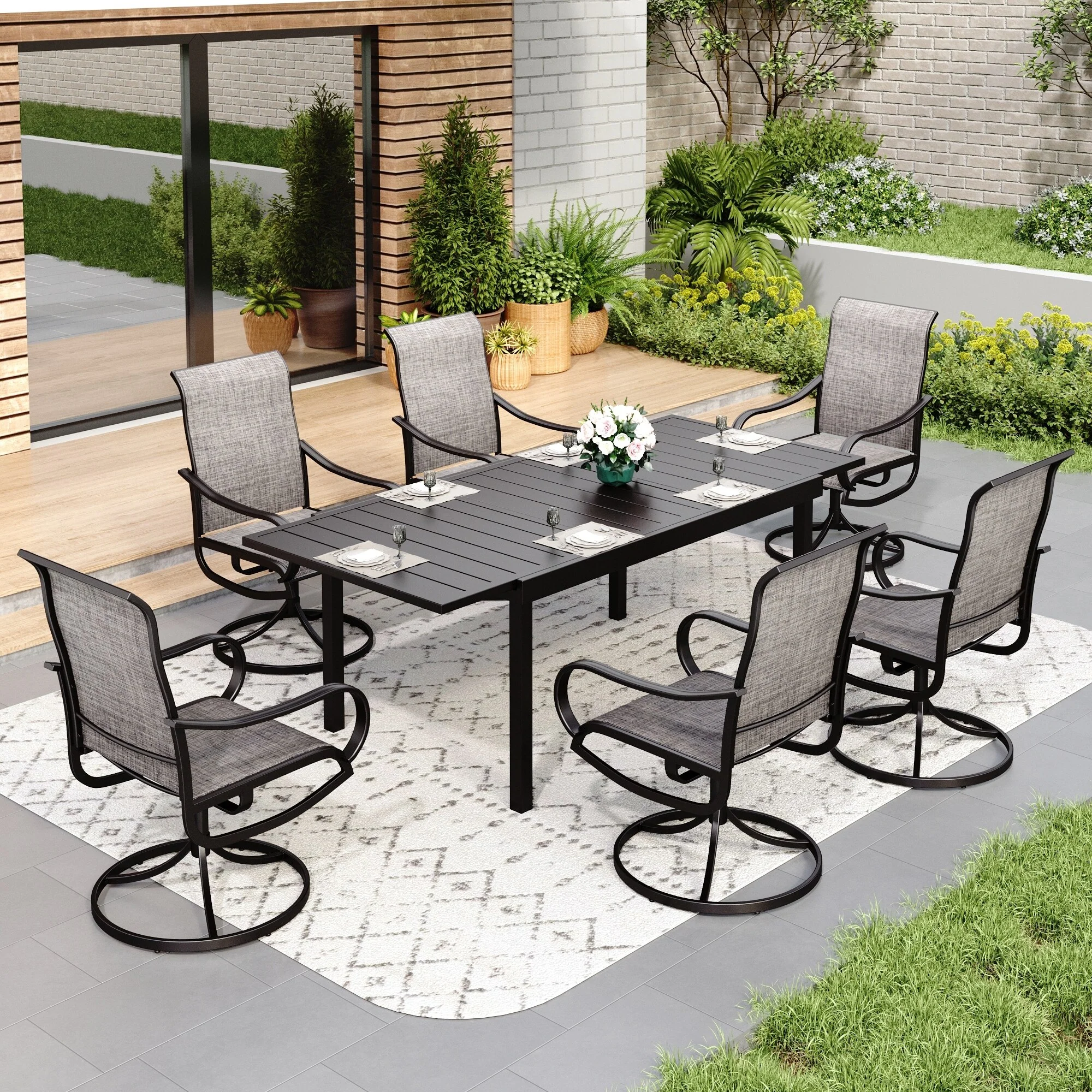 MAISON ARTS 7/9-Piece Patio Dining Furniture Set with Dining Swivel Chairs and 1 Expandable Outdoor Dining Rectangle Table