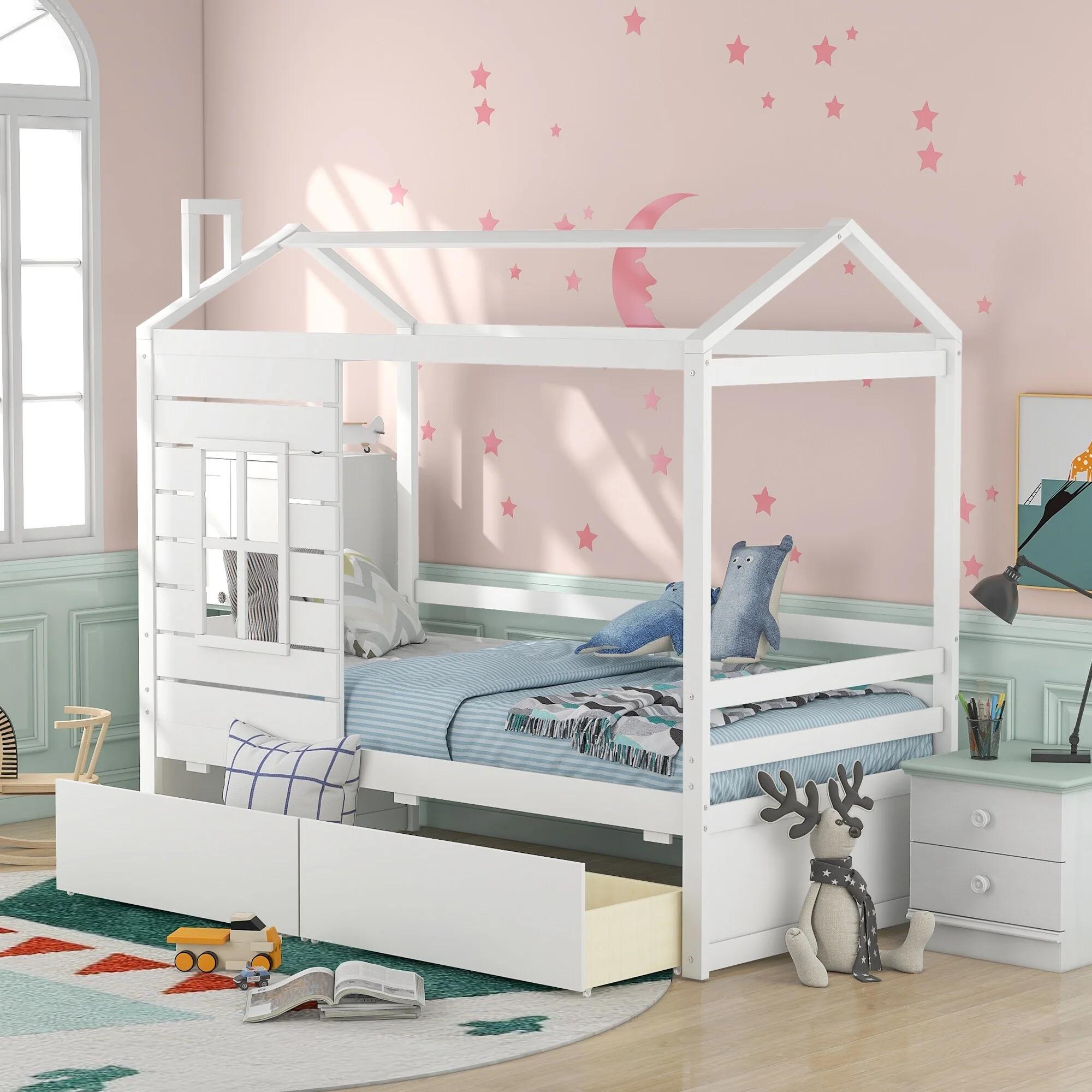 Twin Size House Bed with Underbed Storage Drawers, Pinewood House-shaped Bed Frame with Roof and Window for Children's Room