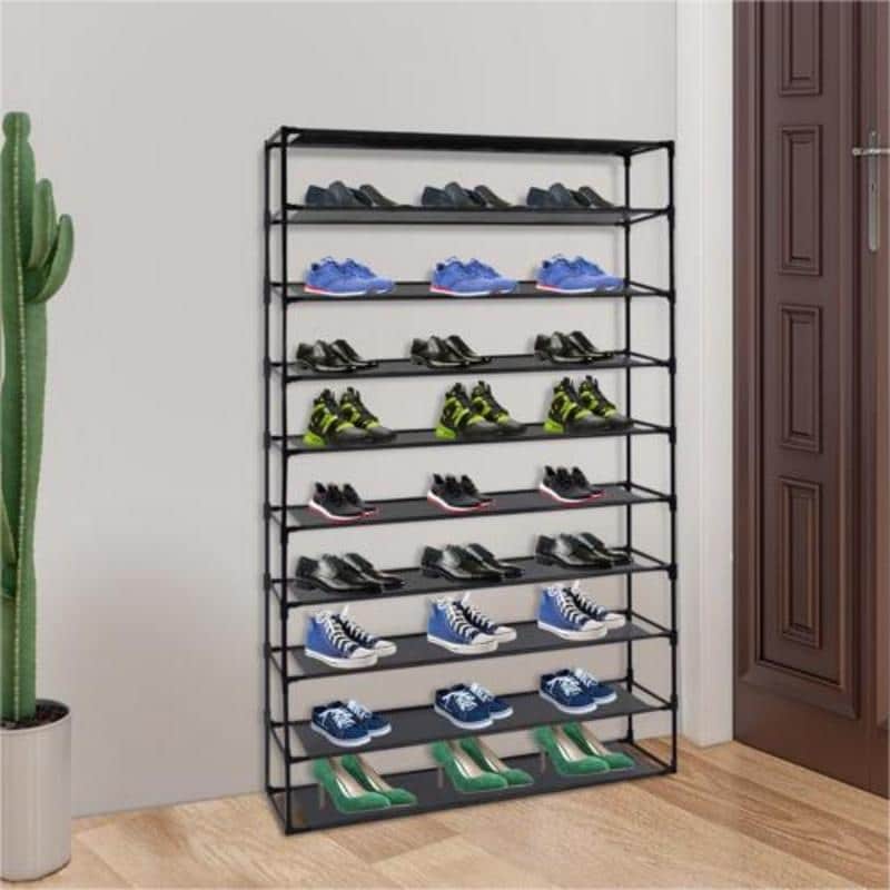 10 Tier Shoe Rack Detachable Non-Woven Waterproof Fabric Shoe Organizer Tower Space Saver Stackable Storage Shelf (Black)