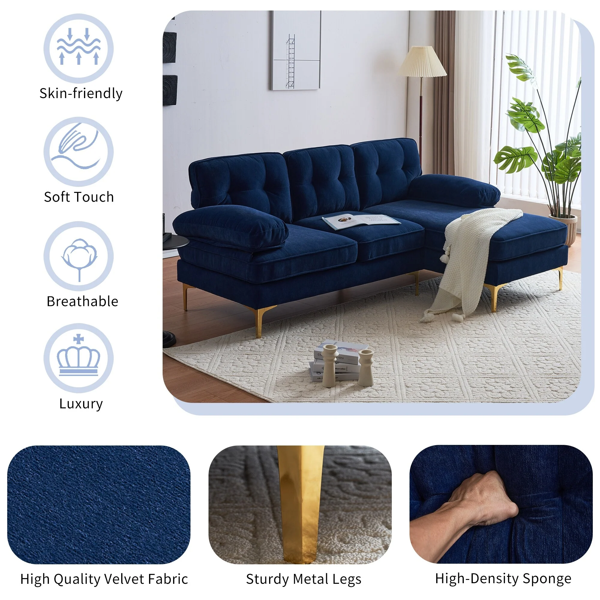 Blue 83 Velvet L-Shaped Sofa with Loose Backrest and Armrests, Metal Legs, and Sturdy Frame