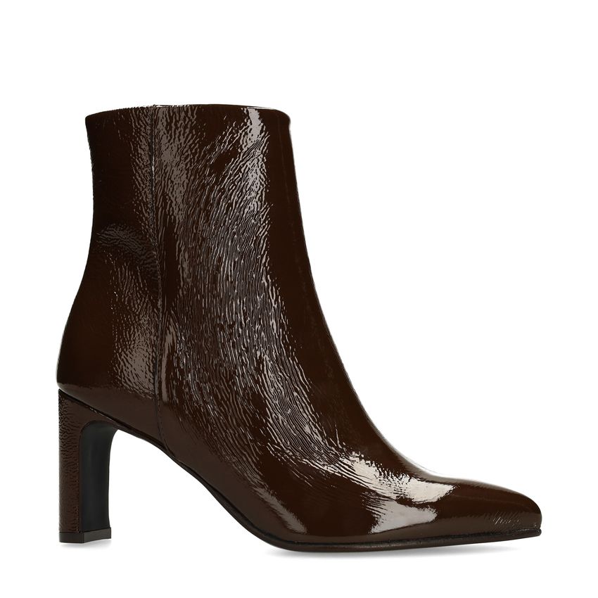 Manfield Bruine lakleren enkellaarsjes met hak