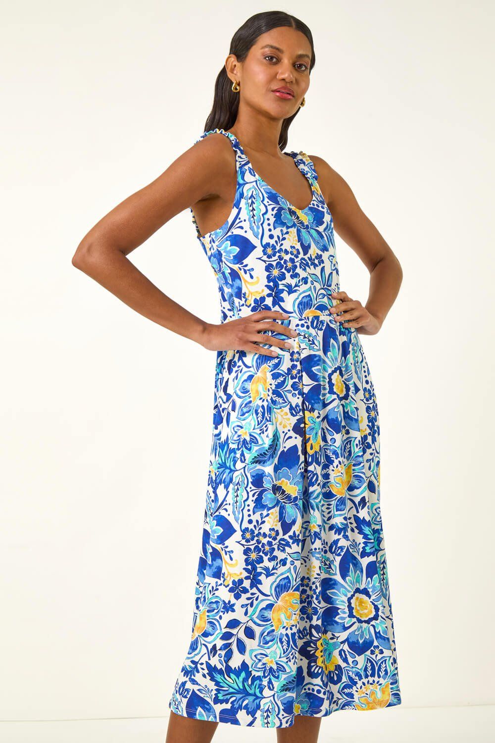 Roman Floral Print Strap Detail Midi Dress