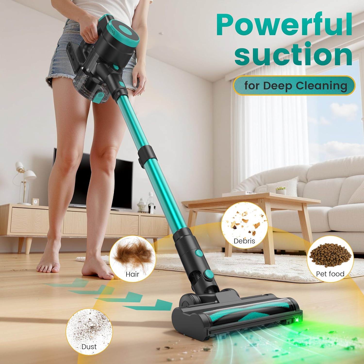 Zefiro 350W Cordless Vacuum Cleaner,45Mins Runtime Vacuum Cleaners for Home, Anti-Tangle and 1.5L Dust Cup, Lightweight Vacuum for Hardwood Floor Carpet Pet Hair (Green)