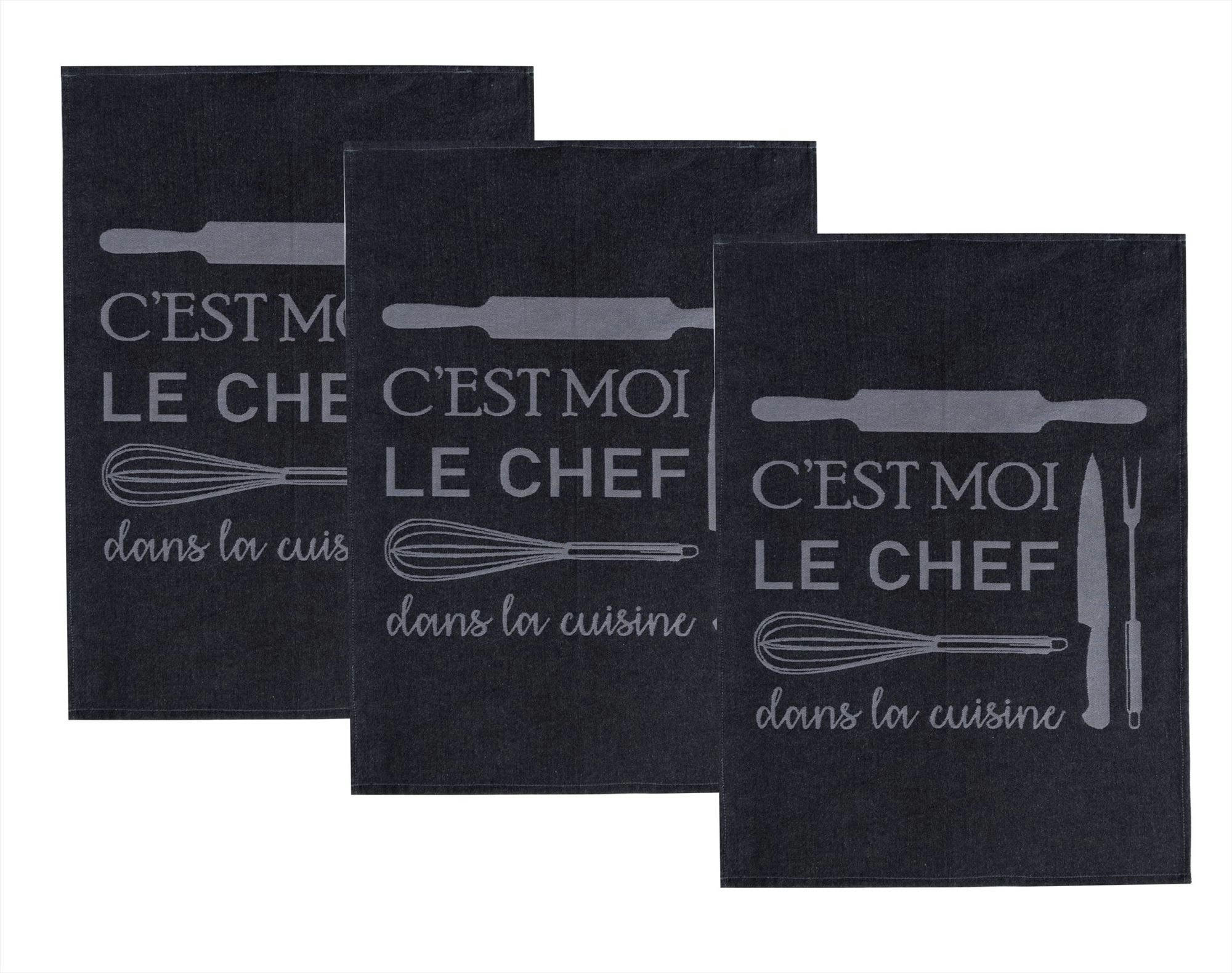 KITCHENCHEF - Lot de 3 torchons 50x70 gris charbon en coton 230 g/m²