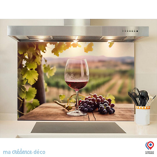 Crédence cuisine fond de hotte Vin rouge et vignobles 2 - Verre trempé - L 90 cm x H 60 cm - MaCrédenceDéco