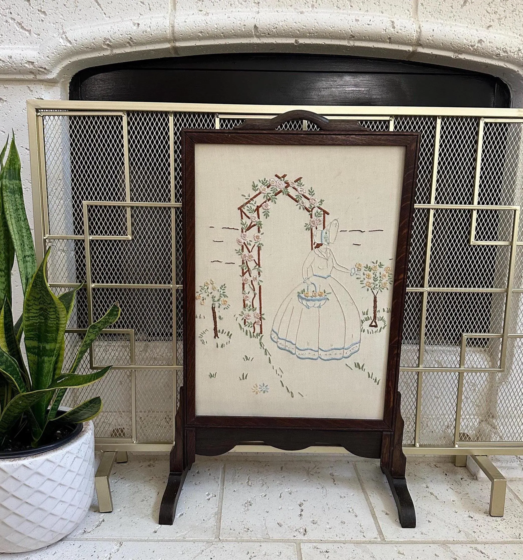 Vintage Needlepoint Fireplace Screen | Summertime Fireplace Protector Decorative Hand Embroidery