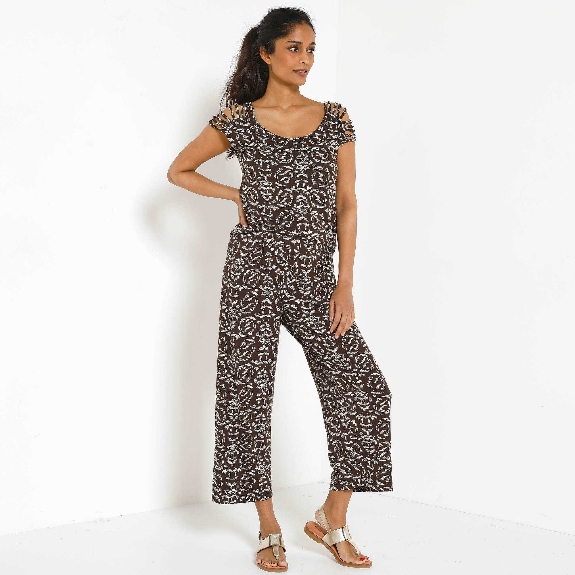 Pantalon large 7/8ème, taille élastiquée, maille imprimée