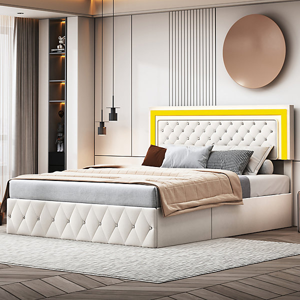 Lit coffre 140x200 cm, LED, sommier à lattes, tête de lit réglable, rangement, beige.