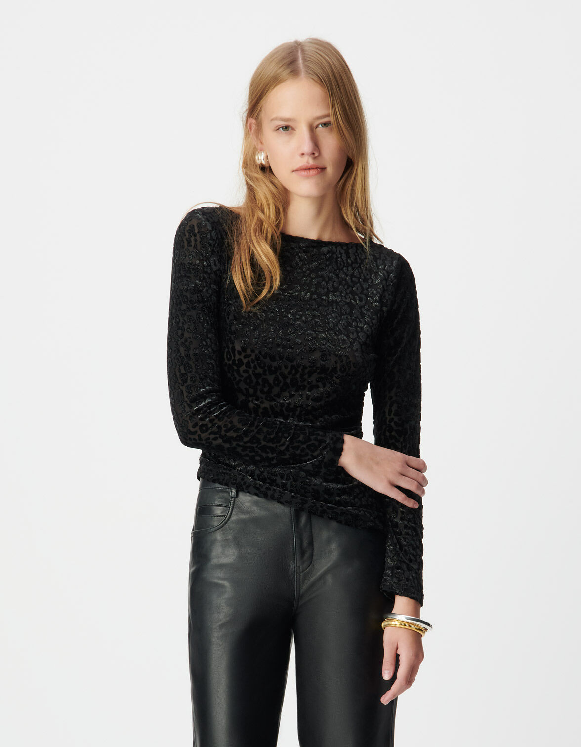 Tee-shirt noir velours motif léopard Femme