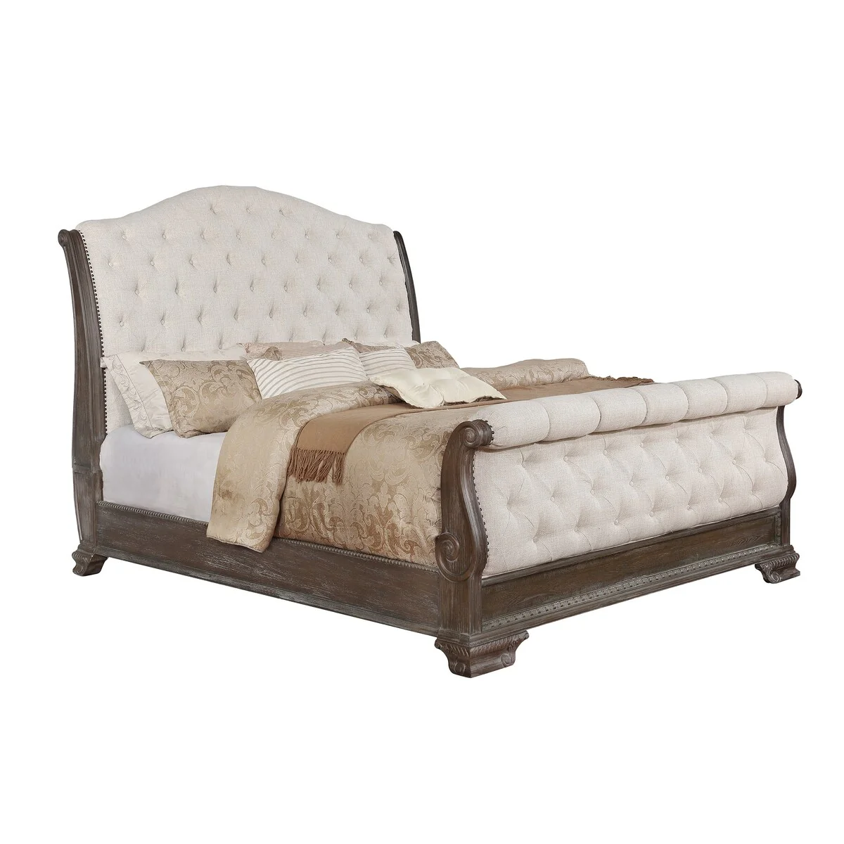Merna 3 Piece Antique Gray Fabric Upholstered Tufted Sleigh Bedroom Set
