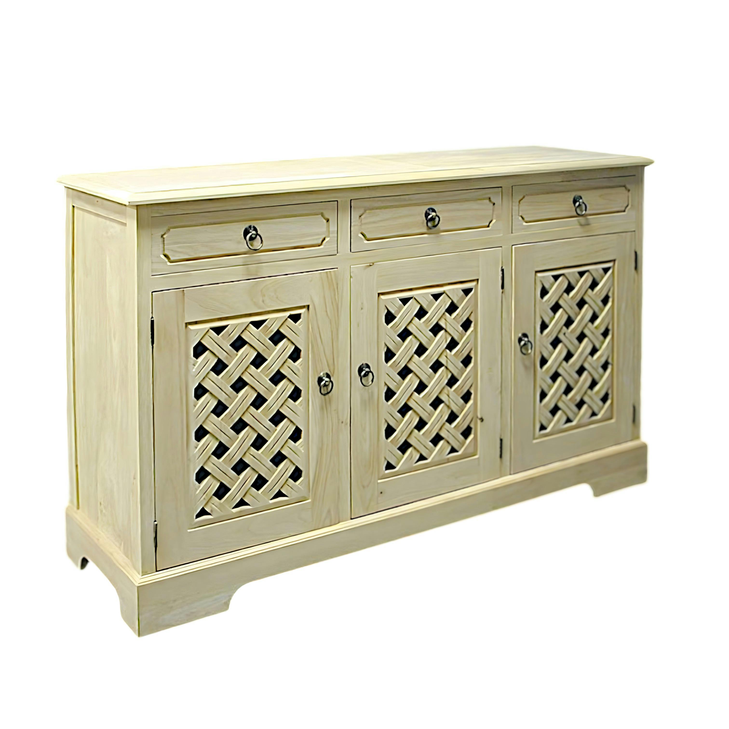 Buffet Enfilade Hévéa 3 portes motif tressé, 3 tiroirs 146x44x90cm MAORI