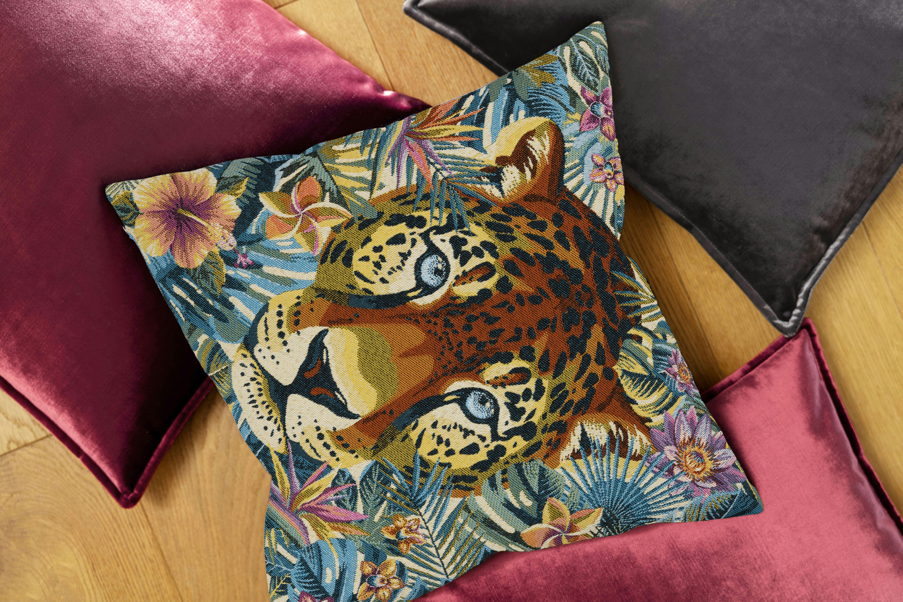 EXOTIQUE - Housse de coussin jacquard polyester tête léopard multicolore - 45x45